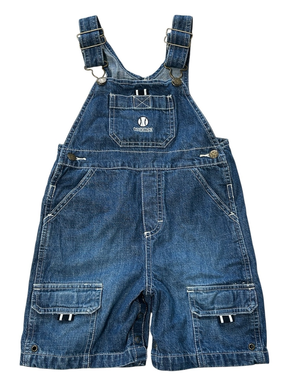 OshKosh B'gosh Dark Blue Denim Short Overalls for Kids.‎ Embroidered baseball.